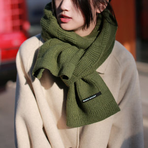 韩版冬季纯色小香风格子毛线针织围巾女绿色情侣围脖男保暖披肩潮