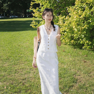 法式亚麻套装女2024夏季休闲气质慵懒白色马甲上衣半身长裙两件套