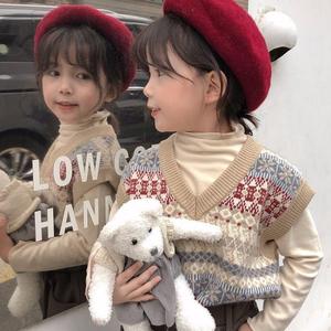 韩系儿童韩版针织毛衣马甲冬装新款2023男女宝宝民族风内搭V领背
