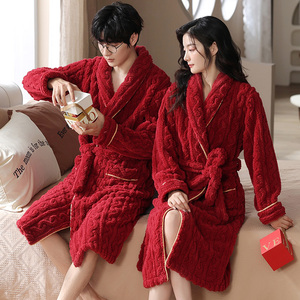 情侣睡袍晨袍浴袍男女新娘新婚伴娘结婚婚礼红色珊瑚绒本命年睡衣