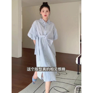 韩版时尚蓝色条纹翻领衬衫连衣裙夏季新款设计感小众系带长裙子女