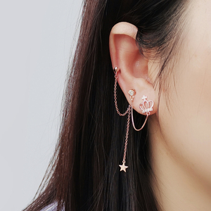 三耳洞耳环925纯银女流苏连体耳链简约个性日韩皇冠耳钉防过敏