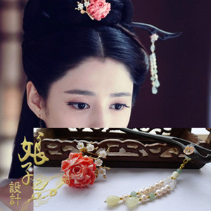 锦绣未央 李长乐同款 国色天香牡丹胸针 檀木流苏发簪 汉服头饰