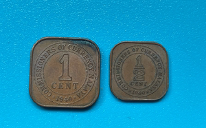 稀少1940年海峡殖民地1/2分半分+1分铜币对 马来亚乔治六世老铜币