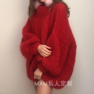 theknitter春装新款慵懒纯手工编织棒针马海毛休闲宽松套头毛衣女