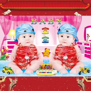 2021年画娃娃贴画宝宝图片墙贴画婴儿照片海报结婚小孩画像双胞胎