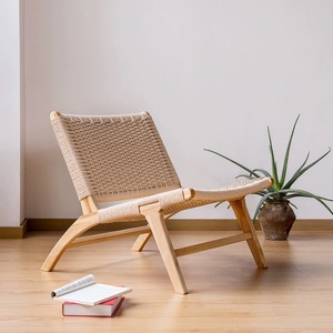 北欧实木绳编折叠椅家用马鞍皮编织椅子日式民宿阳台单人沙发躺椅