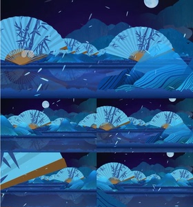 国潮蓝色扇子舞蹈 古典古风古韵汉服旗袍走秀 led背景视频素材