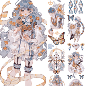 okmt新七天x黄皮桑手帐和纸人物可爱少女pet胶带贴纸 栖于蝶间