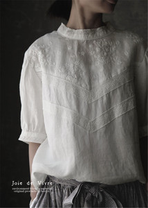 日系森系刺绣高端苎麻花边立领五分袖衬衫女长袖套头白色上衣2024