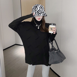 高领打底衫女内搭洋气外穿宽松字母印花长袖t恤中长款黑色上衣潮