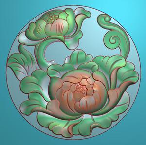 玉雕圆形花草牌子牡丹圆牌圆牡丹花挂件精雕图浮雕灰度电脑雕刻图