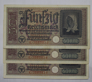 二战 德国占领区 50马克 美品 老版纸币 unc  三张连号