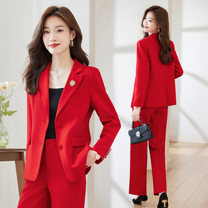 大红色西装外套女韩版时尚职业装艺考播音正装主持人高端西服套装