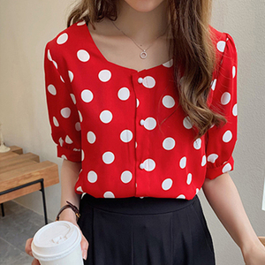 2020新款红色波点衬衫女圆点雪纺衫衬衣夏季薄款雪纺短袖上衣洋