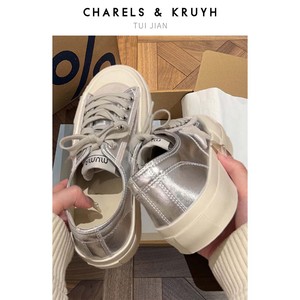 【CHARLES&KRUYH】推荐~银色厚底亮面星星板鞋布鞋女2024夏季新款