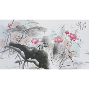 国画纯手绘水墨荷花图卧室床头挂画客厅餐厅横幅字画宣纸画芯原稿