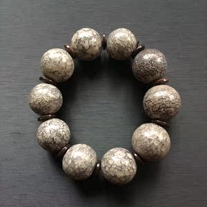 天然恐龙骨骼牙齿化石珠串 手链 手串 圆珠 亿万年前化石20mm左右