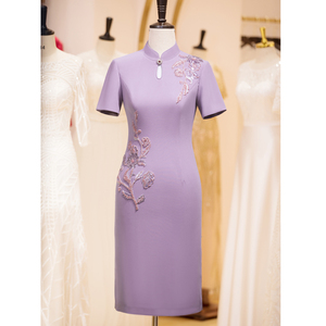 优雅淡紫色改良旗袍婚宴小礼服裙两边开叉高级优雅显瘦连衣裙夏季