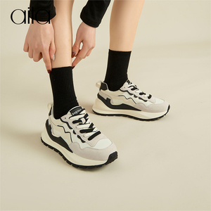 aita黑白熊猫鞋女真皮2022年新款阿甘鞋厚底休闲复古跑步运动鞋女
