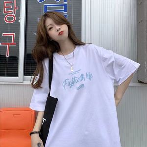 100%纯棉短袖t恤女学生韩版宽松中长款中袖ins风上衣女夏季新款潮