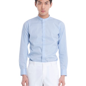 新款韩国代购潮男装韩版修身商务淡蓝色立领长袖衬衫收腰男士衬衣