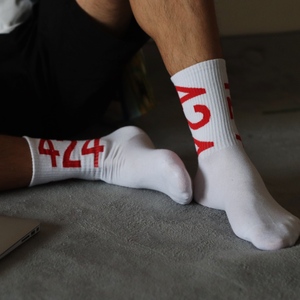 潮牌袜子男街头嘻哈长袜424纯棉运动白袜