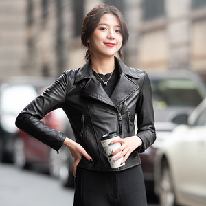 海宁真皮皮衣女短款机车夹克2023春秋新款海宁绵羊皮修身外套欧美