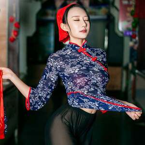 新款内衣性感高弹村姑四件套长裤碎花透视民国风旗袍套装情趣套装