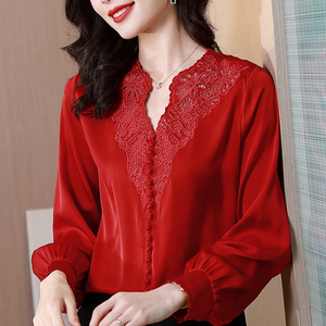 贵夫人衬衫本命年红色小衫女洋气质2022新款仿真丝桑蚕丝上衣高档