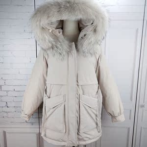 雅琪娜8142工装韩版羽绒服女中长款休闲毛领收腰显瘦时尚派克外套