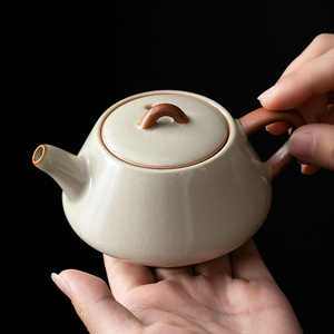 米黄汝窑茶壶单个家用开片可养汝瓷功夫茶具泡茶器陶瓷小号石瓢壶
