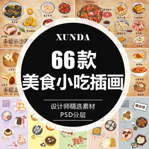 中国外国各地特色美食小吃宝典手账吃货手绘插画海报模板PSD素材