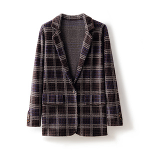 保暖有型100%纯山羊绒大衣女深秋摩卡色复古格子西装外套针织开衫