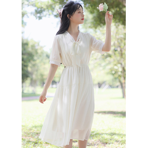 法式气质超仙女雪纺白色连衣裙女装夏季2024新款夏天少女裙子长裙