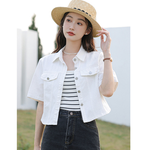白色短袖牛仔衬衫女夏季2023新款宽松休闲韩版短款外套上衣小个子