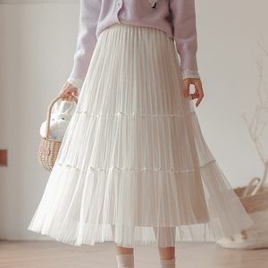 白色设计感网纱半身裙女装秋冬季2022新款a字裙子仙气长裙小个子