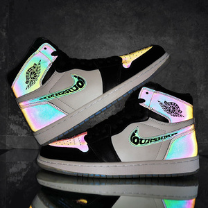 aj变色龙莆田潮流男鞋春秋彩色拼接高帮板鞋青少年黑白运动鸳鸯鞋