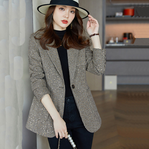 咖啡格子西装外套女英伦复古风直筒女神范休闲小个子女士上衣西服