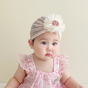 女宝宝柔软大弹力网纱套头帽甜美蕾丝大花朵婴儿帽印度帽儿童头饰