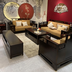 00顺顺红尘企业店淘宝实木沙发组合新中式乌丝檀木科技布艺沙发简约