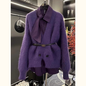 欧货紫色V领水貂绒宽松毛衣外套女秋冬小众针织开衫上衣2024新款
