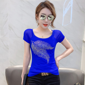 欧洲站夏季新款烫钻网纱t恤女短袖百搭上衣修身半袖体桖时尚小衫