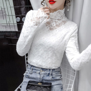 加绒加厚高领白色蕾丝打底衫女秋冬保暖小衫长袖内搭镂空网纱上衣