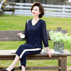 妈妈套装春秋雪纺九分袖阔腿裤两件套中年女夏季上衣中老年人春装