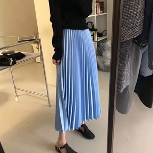 韩代chic 天蓝色垂感气质百褶裙百搭仙女中长款半身裙 v领针织衫