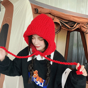 冬天韩国ins可爱厚红色帽子大头围女士保暖针织毛线披肩连帽新款