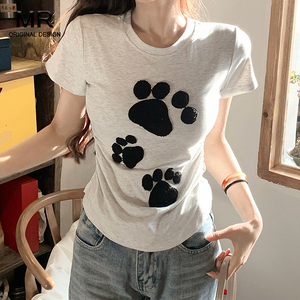 卡通猫爪刺绣短袖T恤女夏季2024新款修身显瘦设计感小众ins潮上衣