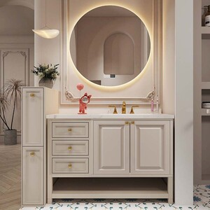 高端定制美式岩板浴室柜组合卫生间洗漱台洗手洗脸盆落地柜奶油