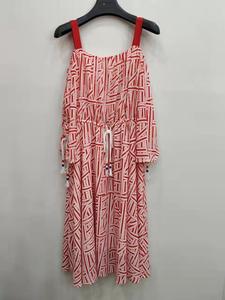 品牌断码断号精品女装折扣【乐】红色条纹夏款吊带抽绳长袖连衣裙